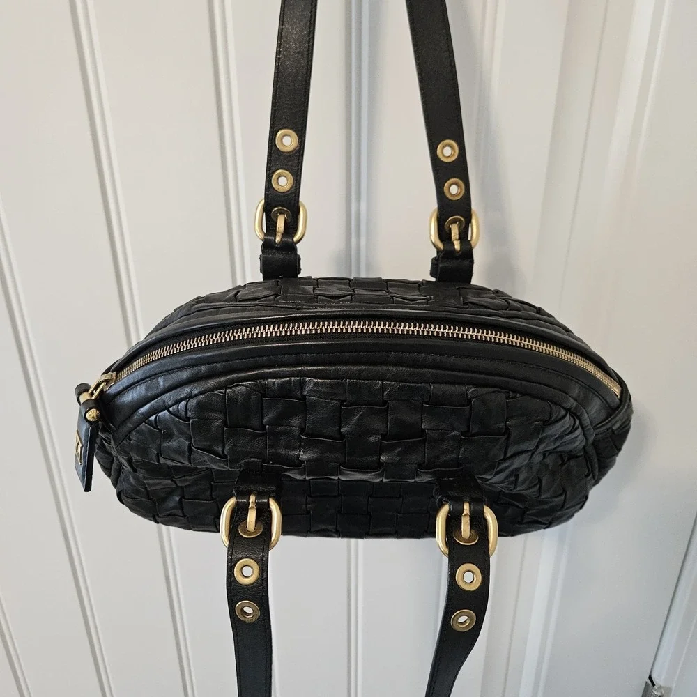 Escada Woven Satchel Shoulder Leather Bag Top Handle Gold Hardware Black